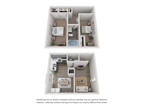 a stylized floor plan of a 2 bedroom apartment
